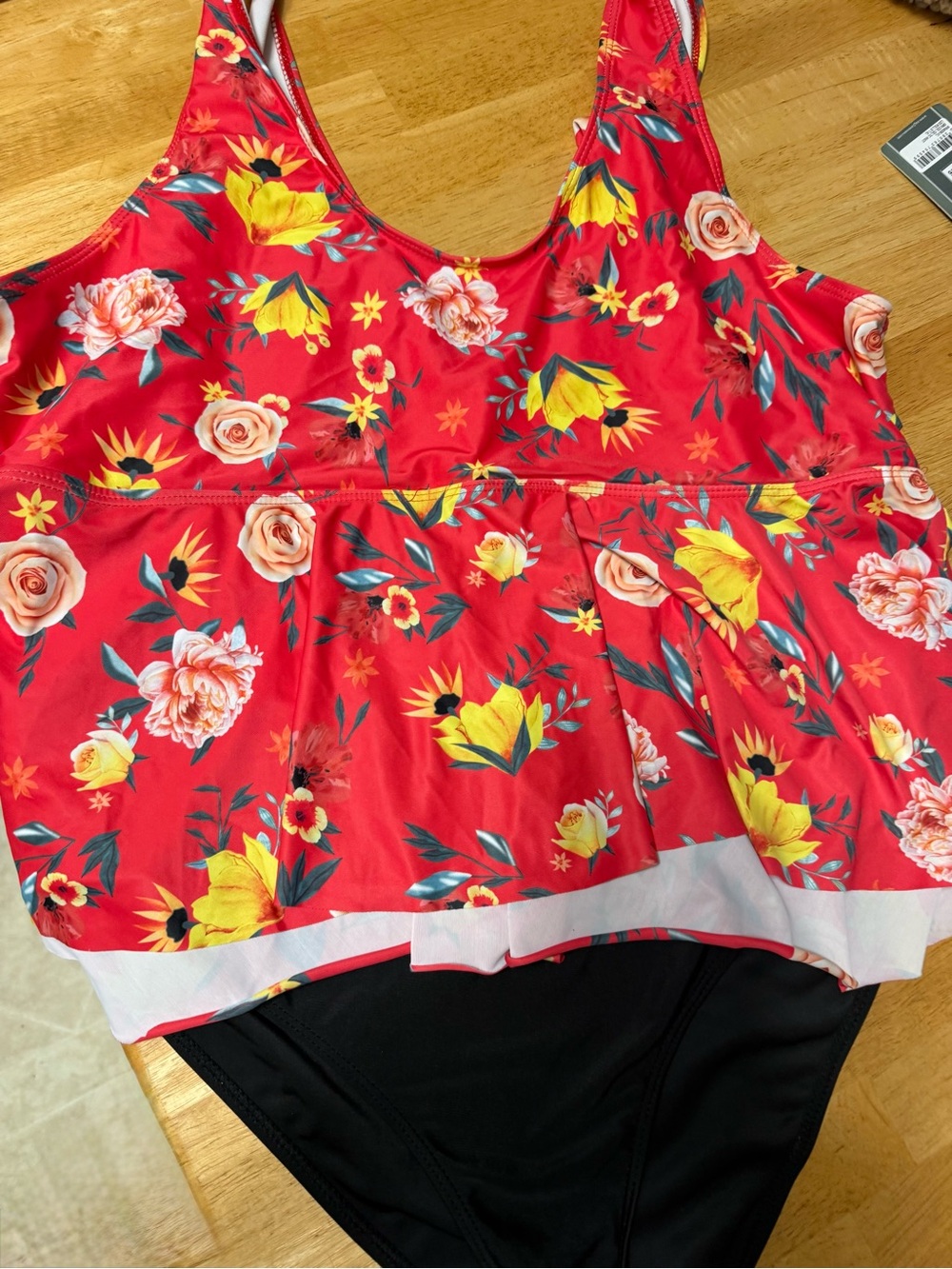 Red Floral Ruffled Tankini Top with Black Bottom